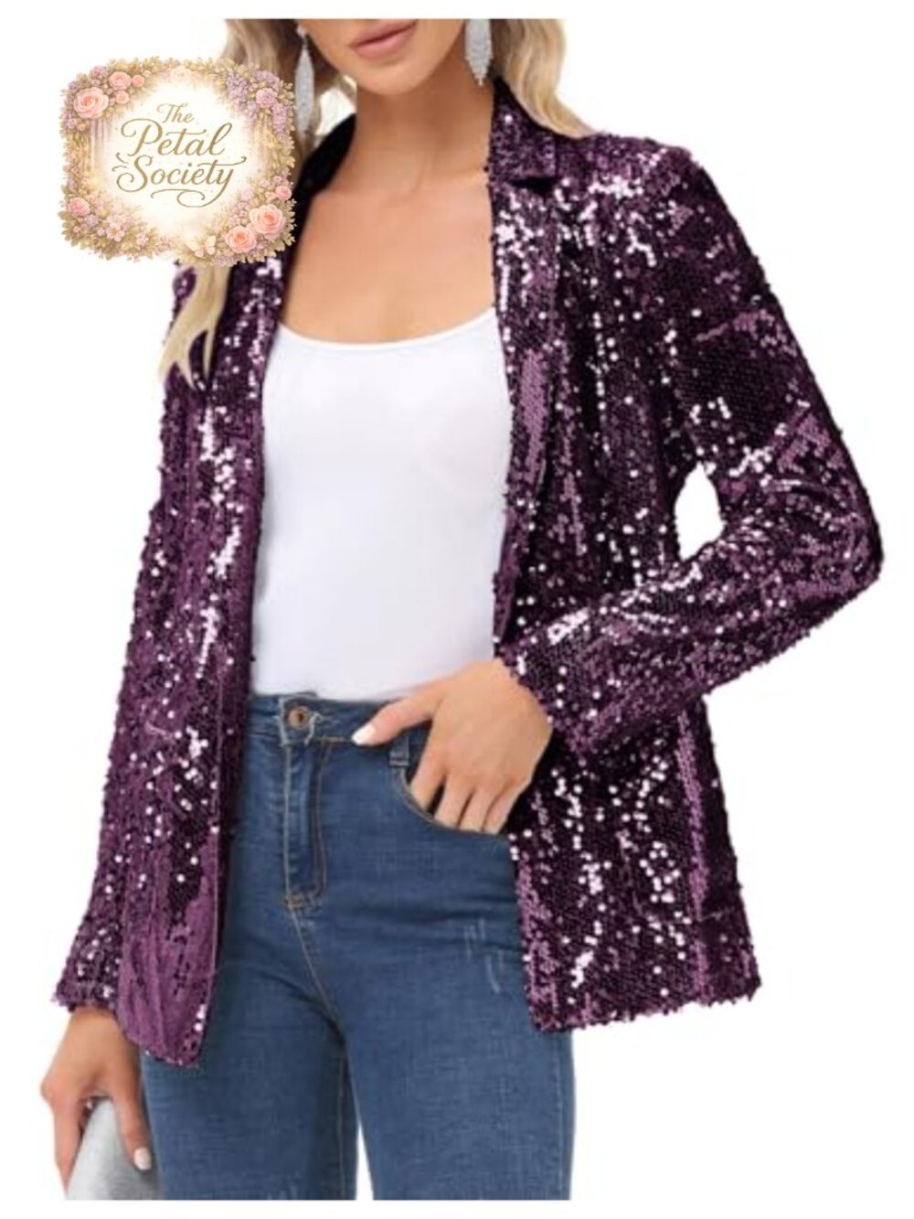 Sequin Blazer Jacket Long Sleeve Sparkly Open Front Coat with Pocket S-XXL